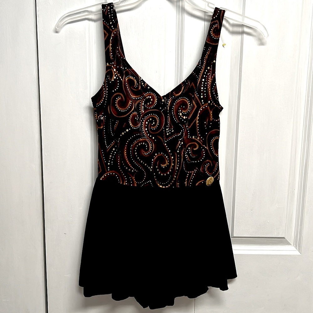 Inches Away Black Brown Gold Print One Piece Swim Dress Size 10